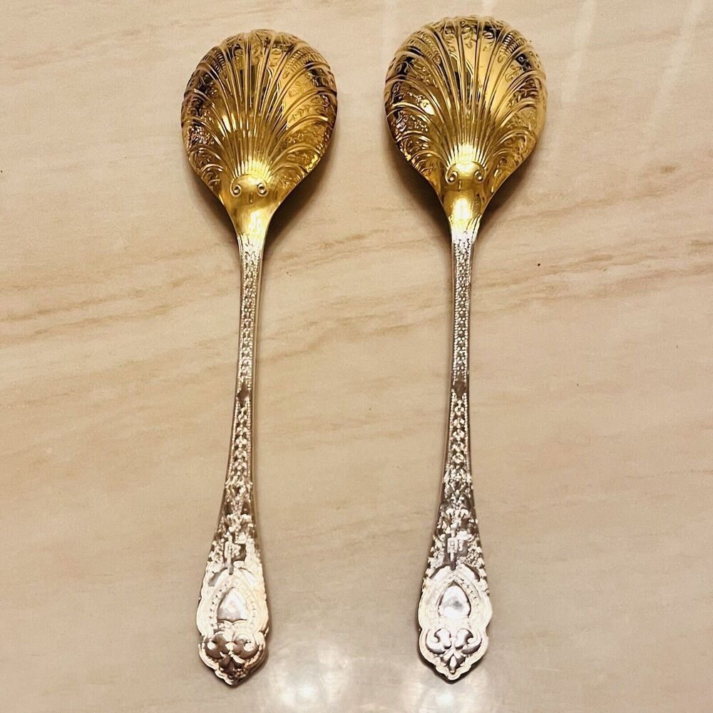 Vintage William Adams Sheffield England Serving Spoon Set Silverplate Gold Wash - Picture 2 of 10